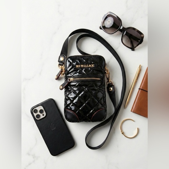 NEWMZ Wallace Micro Crosby Crossbody Black Lacquer Patent Quilted Phone Bag